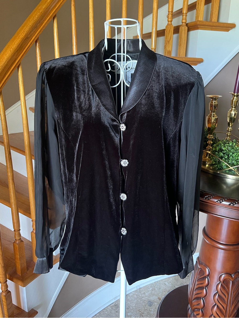 Vtg Whimsigoth Victorian Vamp Goth Black Velvet Mesh Jewel Blouse Jacket Sz PXL